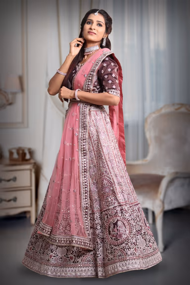 Dark Purple & pink combination silver thread  mirror work lehenga — view 4 of 5