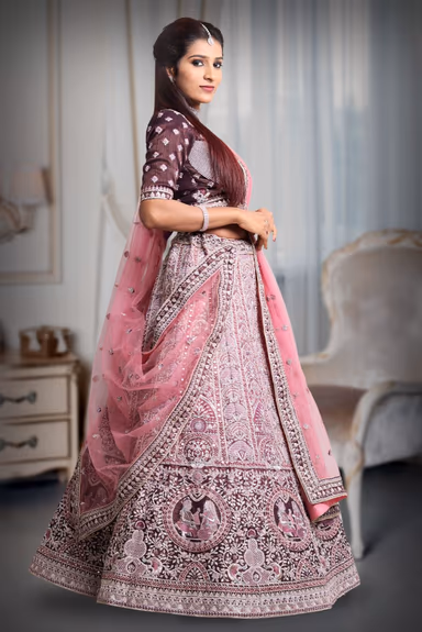 Dark Purple & pink combination silver thread  mirror work lehenga — view 3 of 5