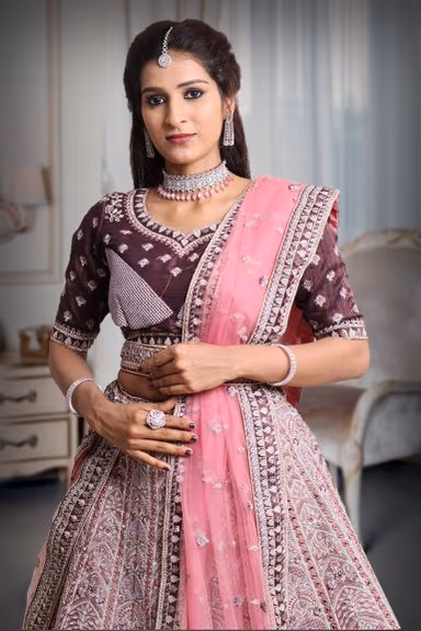 Dark Purple & pink combination silver thread  mirror work lehenga — view 1 of 5