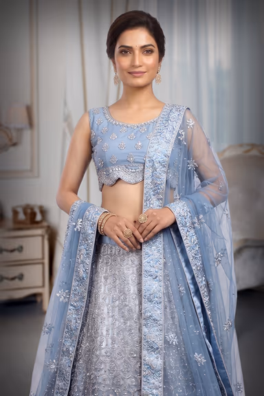 Dark Grey Stone Worked Lehenga With Stone Work Detailing And Same Color Dupatta — view 1 of 3