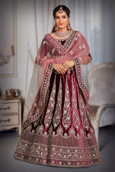 Dark wine silver thread work lehenga — view 4 of 7