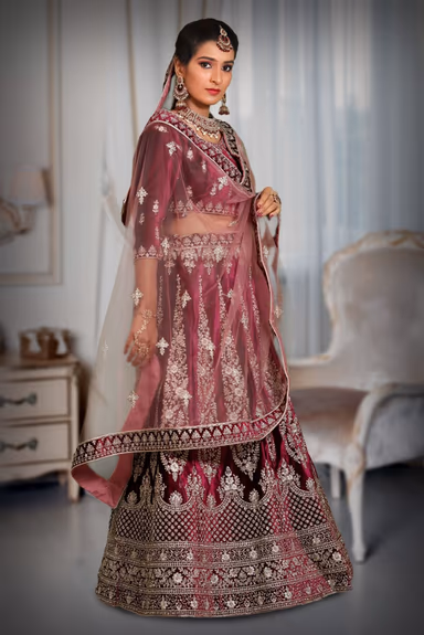 Dark wine silver thread work lehenga — view 5 of 7