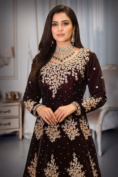 Dark Wine Velvet Anarkali Gown with Golden Zardozi Embroidery — view 1 of 2