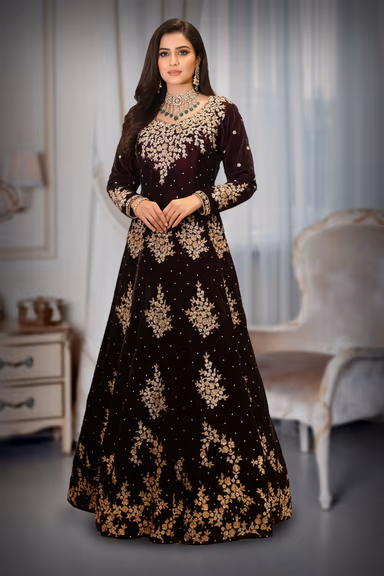 Dark Wine Velvet Anarkali Gown with Golden Zardozi Embroidery — view 2 of 2