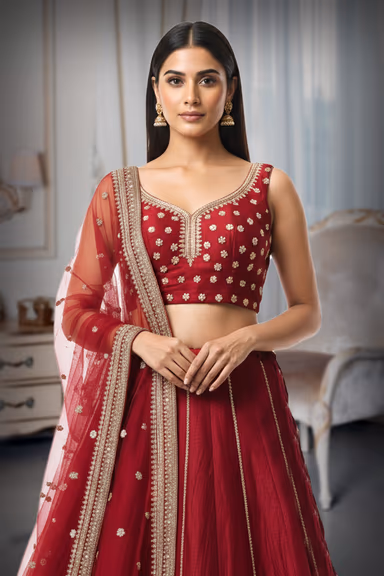 Deep Crimson Silk Kalidar Lehenga with Gold Zari Panel Borders and Floral Butas. — view 1 of 2