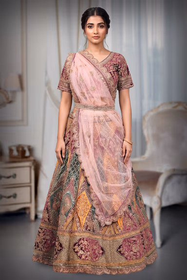Deep Magenta, Peach Pink, Gold, Emerald Green & Burnt Orange Traditional Bridal Lehenga Choli with Dupatta — view 2 of 4