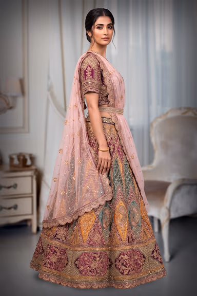 Deep Magenta, Peach Pink, Gold, Emerald Green & Burnt Orange Traditional Bridal Lehenga Choli with Dupatta — view 3 of 4