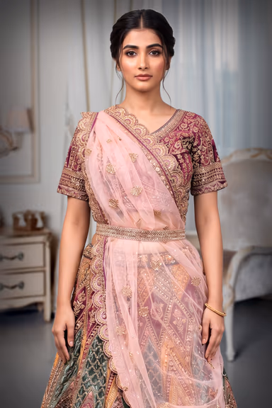 Deep Magenta, Peach Pink, Gold, Emerald Green & Burnt Orange Traditional Bridal Lehenga Choli with Dupatta — view 1 of 4