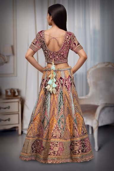 Deep Magenta, Peach Pink, Gold, Emerald Green & Burnt Orange Traditional Bridal Lehenga Choli with Dupatta — view 4 of 4