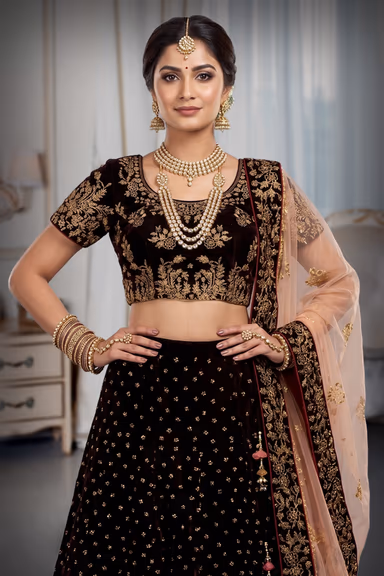 Deep Maroon Heavy Bridal Lehenga, With Blush Pink Dupatta — view 1 of 3