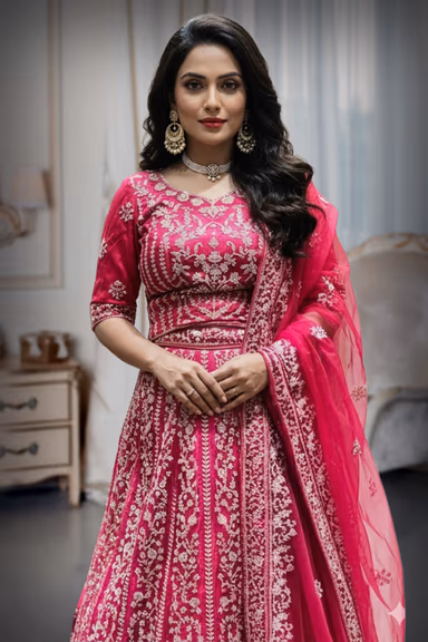 Deep Rani Pink Silk Lehenga with Intricate Silver-Toned Embroidery — view 1 of 2