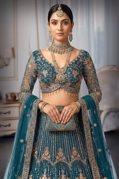 Deep Teal Blue Net Lehenga Choli with Intensive Antique Gold & Rose Gold Embroidery — view 1 of 2