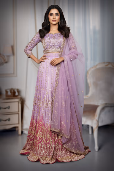 Dual-Tone Lilac and Pink Silk Embroidered Full-Sleeve Lehenga Set — view 2 of 2