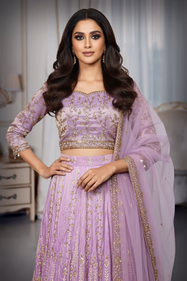 Dual-Tone Lilac and Pink Silk Embroidered Full-Sleeve Lehenga Set — view 1 of 2