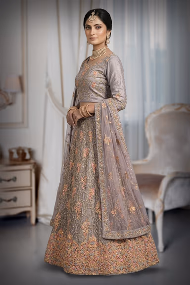 Dusky Grey Lehenga With Bloom Peach Pink Floral Embroidery Details — view 3 of 3