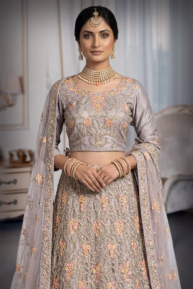 Dusky Grey Lehenga With Bloom Peach Pink Floral Embroidery Details — view 1 of 3
