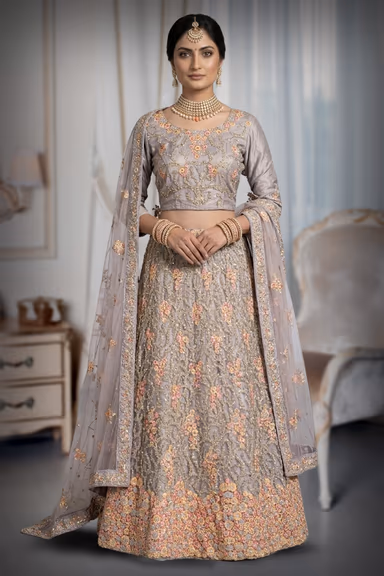 Dusky Grey Lehenga With Bloom Peach Pink Floral Embroidery Details — view 2 of 3