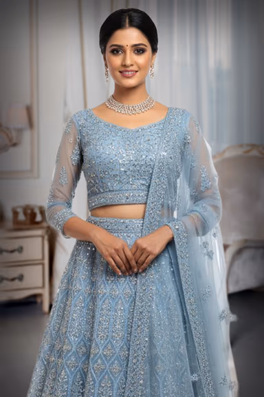Dusty Blue Net lehenga  with Intricate Mirror and Thread Embroidery — view 1 of 2