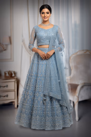 Dusty Blue Net lehenga  with Intricate Mirror and Thread Embroidery — view 2 of 2