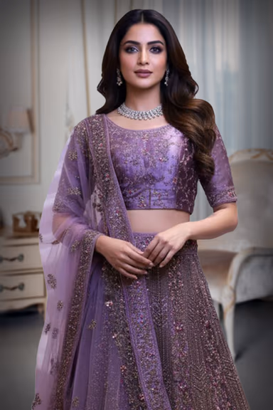Dusty Mauve Heavily Embellished Bridal Lehenga — view 1 of 2