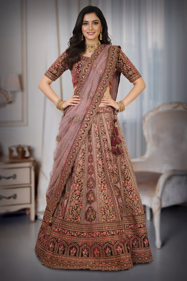 Dusty Mauve, Rose Pink, Deep Maroon, And Antique Gold Heavily Embroidered Bridal Lehenga Choli — view 2 of 3