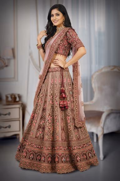 Dusty Mauve, Rose Pink, Deep Maroon, And Antique Gold Heavily Embroidered Bridal Lehenga Choli — view 3 of 3