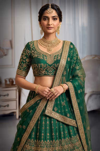 Emerald Green Silk Lehenga Choli with Traditional Gold Zari Kalidar Embroidery — view 1 of 2