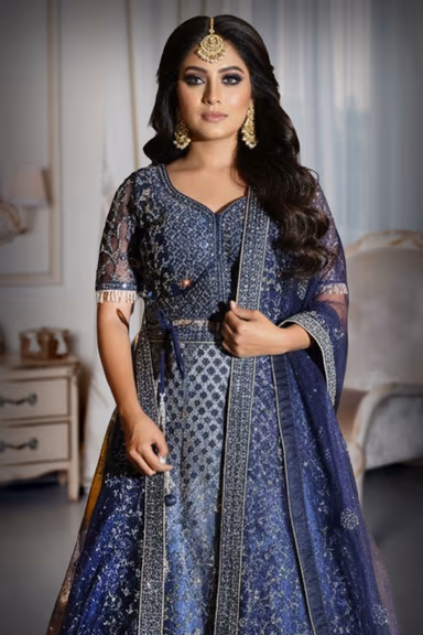 Exquisite Navy Blue Lehenga Featuring Intricate Silver Embroidery And Shimmering Stones Perfect For Making A… — view 1 of 5