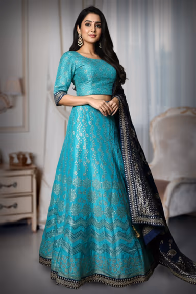 Exquisite Teal and Gold Printed Lehenga with Embroidered Dupatta — view 3 of 3