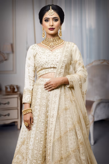 Exquisite White Lehenga Choli Showcases Detailed Handcrafted Stone Work Designs — view 1 of 3