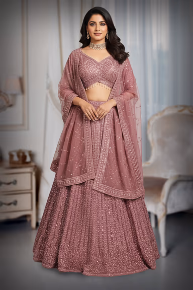 Flamingo Pink Handworked Bridal Lehenga With Intricate Embroidered Crop Top And Threadworked Dupatta — view 2 of 2