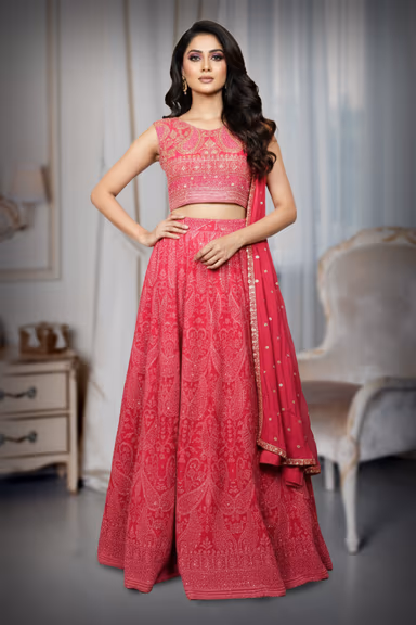 Fuchsia Pink Embroidered Lehenga Skirt with crop top and dupatta — view 2 of 2