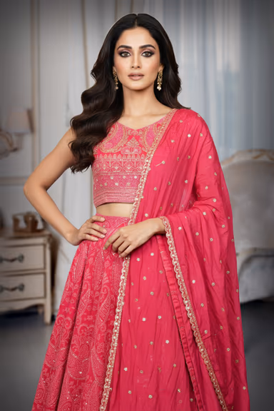 Fuchsia Pink Embroidered Lehenga Skirt with crop top and dupatta — view 1 of 2