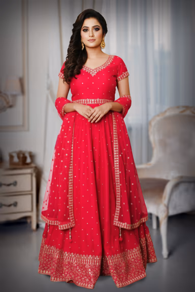 Glamorous Ruby Red Attire, Showcasing Elaborate Handwork And A Majestic Presence — view 2 of 3