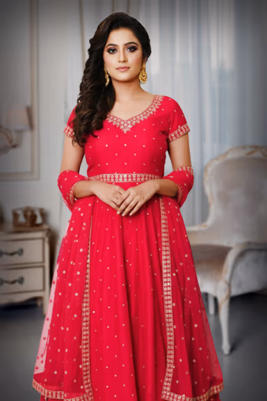 Glamorous Ruby Red Attire, Showcasing Elaborate Handwork And A Majestic Presence — view 1 of 3