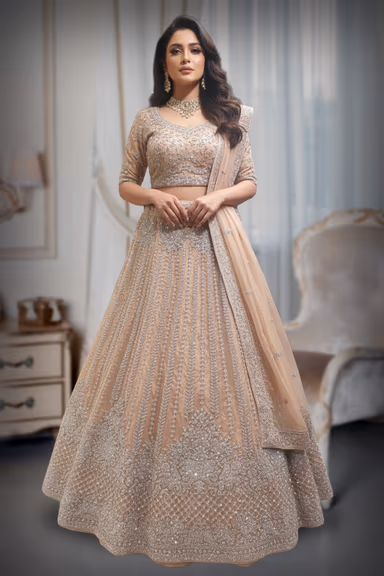 Golden Beige Threadworked and stone Embossed Lehenga along withheavy worked dhuppatta — view 2 of 2