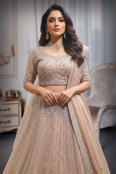 Golden Beige Threadworked and stone Embossed Lehenga along withheavy worked dhuppatta — view 1 of 2