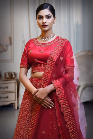 Heavy Golden-Brown or Bronze-Tone Embroidered Bridal Lehenga Set — view 1 of 2