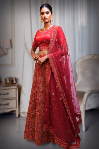 Heavy Golden-Brown or Bronze-Tone Embroidered Bridal Lehenga Set — view 2 of 2