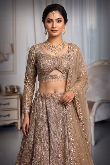 Golden Heavy Embellished Bridal Lehenga With Golden Stone Details On Skirt , Crop Top And Dupatta — view 1 of 3