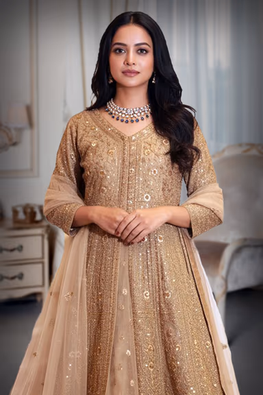 Golden Heavily Embroidered Net Lehenga with Long Jacket-Style Blouse — view 4 of 5
