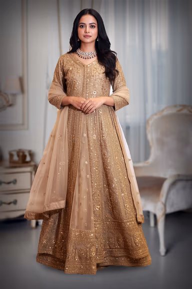 Golden Heavily Embroidered Net Lehenga with Long Jacket-Style Blouse — view 5 of 5