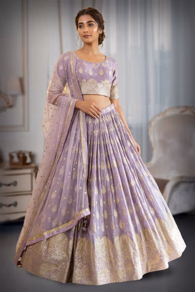 Golden In Lavender Zari Threadwork Detailed Minimal Pre Wedding Lehenga — view 2 of 2