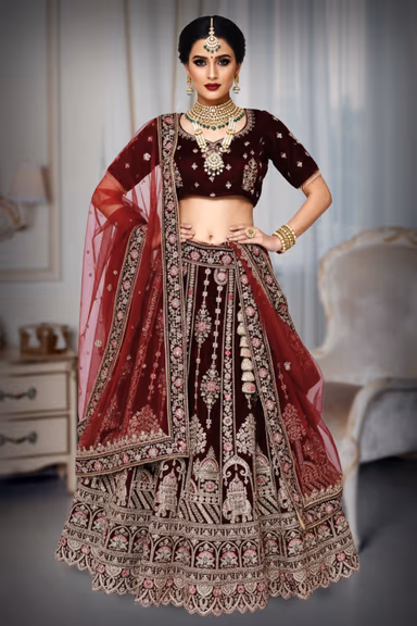Golden Maroon velvet lehenga — view 2 of 4