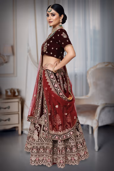 Golden Maroon velvet lehenga — view 3 of 4