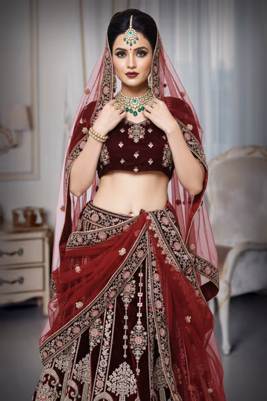 Golden Maroon velvet lehenga — view 1 of 4