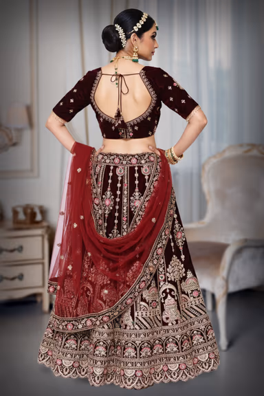 Golden Maroon velvet lehenga — view 4 of 4
