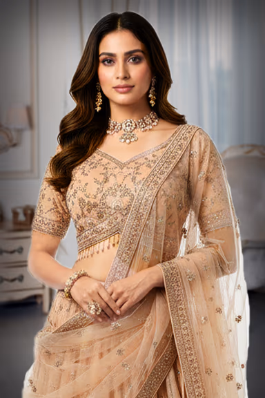 Graceful Pale Peach Lehenga Choli Set Detailed With Delicate Floral Embroidery And Shimmering Accents — view 1 of 2
