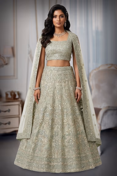 Graceful Pastel Blue Lehenga Choli Set Detailed With Delicate Floral Embroidery And Shimmering Accents — view 2 of 2