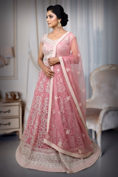 Graceful Peach Lehenga Choli Set Detailed With Delicate Floral Embroidery And Shimmering Accents — view 3 of 3